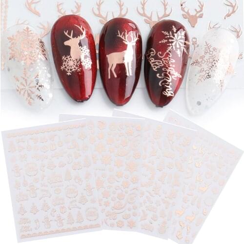 3Pcs Rose Gold Xmas Snowflake/Elk Nail Sticker Adhesive Decals Manicure Decor