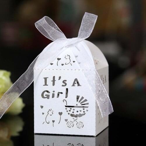 50PCS Laser cut "Its a Girl&Its a Boy" 5*5*8CM Baby Shower Gender Revealing Party Candy Box Wedding Home Decoration Gift Box