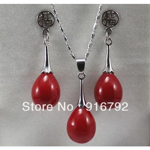 Free shipping >>>>>Stunning red shell pearl 14x16mm teardrop pendant necklace Set Silver