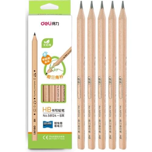 Deli 58124 childrens Wooden HB writing pencil / free pencil sharpener, 6 pieces / box