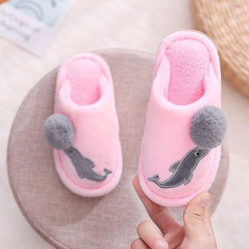 Kids Girls Home Slippers Cotton Shoes Children Boys Indoor Slippers Soft Bottom Dolphin Shoes Winter Warm Non-slip Slippers