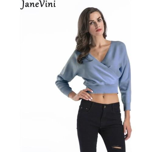 JaneVini Fashion Women Ladies Sweaters Spring Autumn V Neck Womans Pullover Casual Slim Jumper Female Long Sleeve Crop Tops