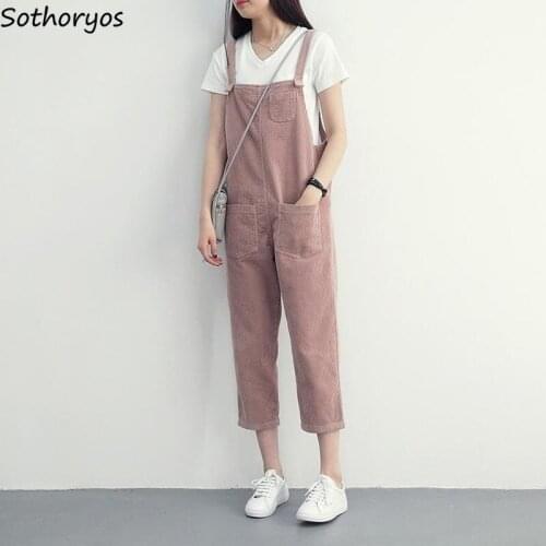 Jumpsuits Women Autumn Corduroy Pockets Solid All-match Korean Style Casual Straps Trousers Womens Loose Simple Ulzzang Trendy
