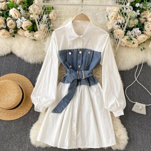 Korean Version of 2021 New Dress Lapel Puff Sleeve Denim Stitching Lace Waist Fashion Dresses