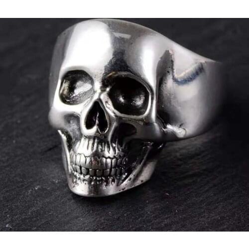 MetJakt Vintage Punk Mens Skull Rings Solid 925 Sterling Silver Glossy Rings for Cool Male Biker Jewelry