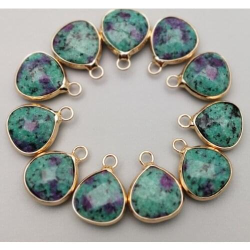 Fashion natural epidote stone pendant Charms water drop Connector gold rim for Necklace Jewelry Making wholesale 12pcs/lot