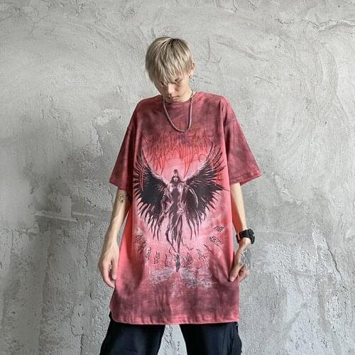 European And American High Street Angel Print Spray Color Short-Sleeved T-Shirt Men Ins Loose And Lazy Style Oversized T-Shirt
