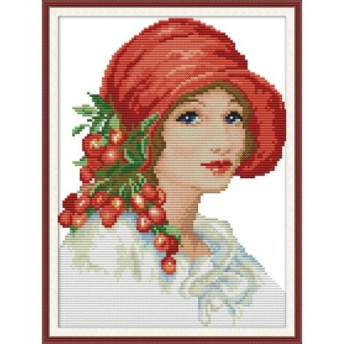 NKF Woman Wearing Red Hat Counted Cross Stitch Patterns 11CT 14CT Chinese Cross Stitch Kits for Embroidery Home Decor
