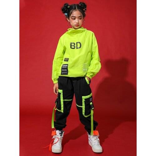 Hip Hop Clothes Kids Dance Costumes Winter Neon Green Long Sleeve Suit Jazz Streetwear Childrens Day Hip Hop Costume 110-170cm