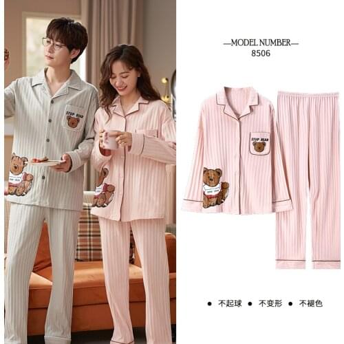 Korean Sweet Pink Womens Bears Pajama Sets Comfort Daily Couple Sleepwear Oversized Long Sleeve Men Women Cotton Winter Homewear
