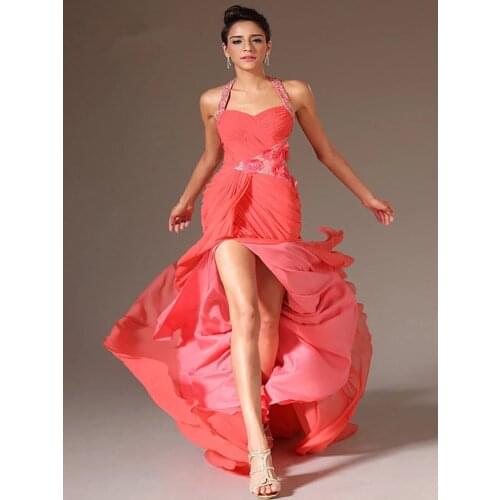Watermelon Evening Dresses Mermaidh Halter Chiffon Beaded Slit Sexy Long Dubai Saudi Arabic Evening Gown Prom Dresses