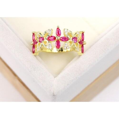 Popular European and American S925 silver plated fashion garland wedding ring flower zircon red crystal jewelry