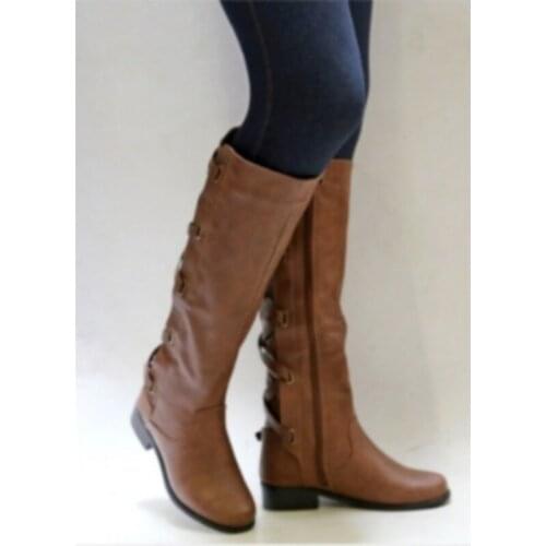 Women Leather Knee High Boots Fashion Cross Strap Winter Low Heels Long Boots Western Side Zipper Buckle Black Motorcycle Boots