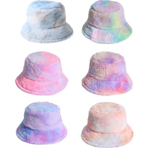 Women Winter Rainbow Tie Dye Bucket Hat Fluffy Plush Thick Warm Fisherman Cap