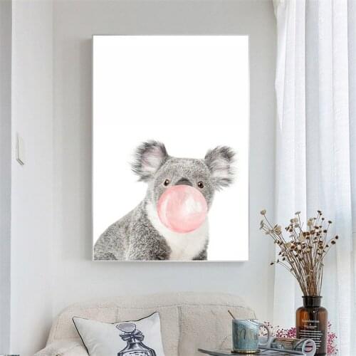 Nordic Poster Cute Animals Mouse Canvas Painting Cartoon Pink Bubbles Balloon Print Poster Canvas Art for Child Room Girls Gift