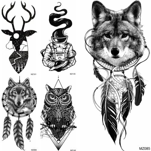Creative Wolf Temporary Tattoos Sticker Realistic Fake Black Owl Elk Tatoos For Women Men Fashion Body Art Arm Tatoo For Holiday