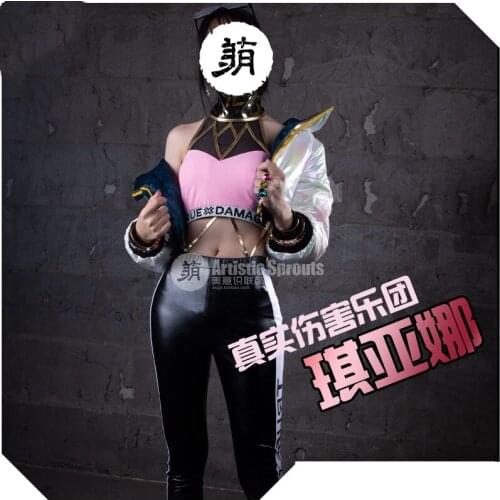 Game LOL Qiyana Real Damage Band Uniform Daily Dress Cosplay Costume+ring+bracelet+glass+earring Halloween Free shipping 2019