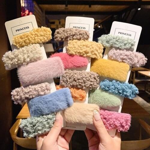 10/5/3/1pcs New Winter Plush Square Hairpins Candy Color Faux Fur Hair Clip Barrettes Korean Fashion Girls Kids Hair Accessories