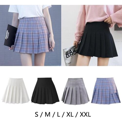 Women Girls Mini Skirt Short Solid Plaid Pleated Cheerleader Skater Tennis Skirt School Uniforms with Side Zipper