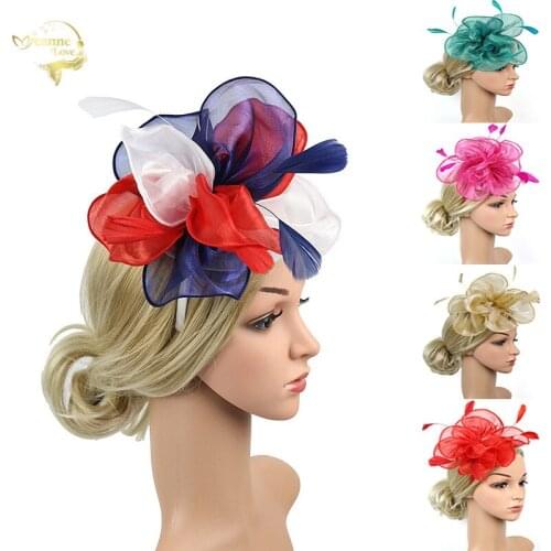 Red Bridal Flower Feathers Elegant Lady Hat Headdress Headwear Teal Bride Tiara Wedding Hats and Fascinator Wedding Accessories