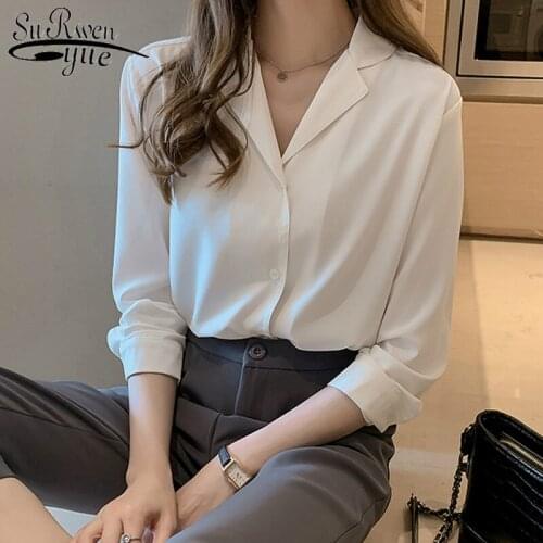 2021 Korean Long Sleeve Cardigan Clothing Women V-neck Shirts Women Chiffon Blouse Solid Camisa Blusas Mujer De Moda 9380 50
