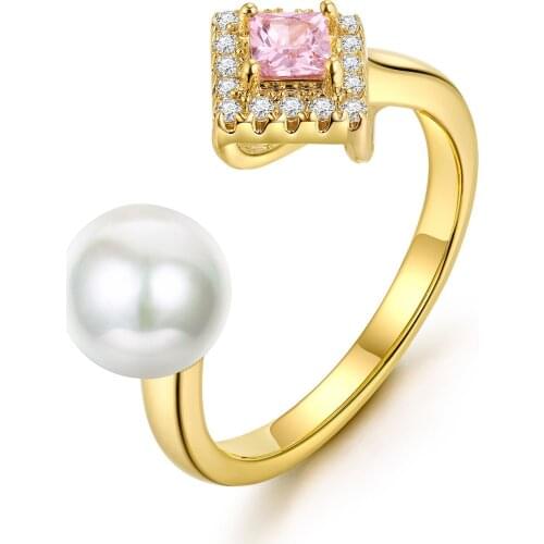 High Quality Gold Plated Female Ring Jewelry Fashion Korean Style Adjustable Pink Stone Finger Ring With Imitation Pearl 2021