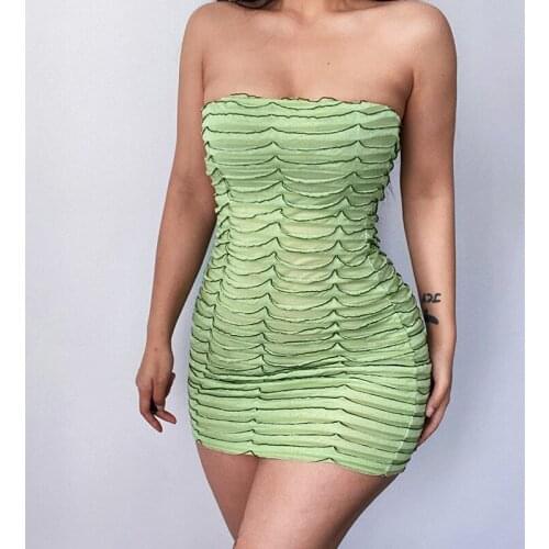 Womens Sexy Tube Tops Pleated Dress Fashion Solid Color Off-shoulder Skinny Short Dress Summer Party Ruched Mini Dress