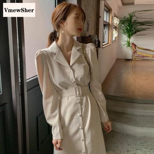 VmewSher New Vintage Autumn Spring Women Dress Corduroy Long Sleeve Lady Elegant Notched Collar Trumpet Long Dresses with Belt