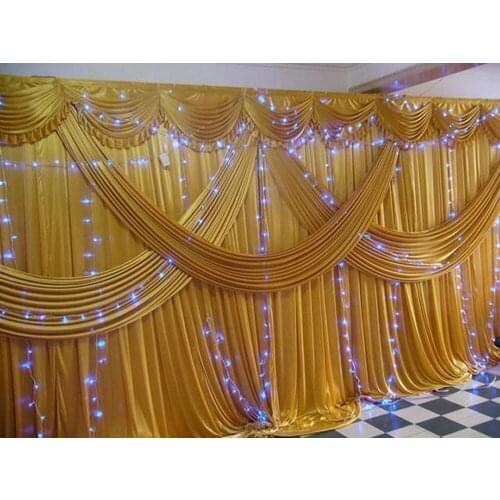 Gold Ice Silk Wedding Backdrops with Swag Stage Background Drape Curtain 20ft (w) x 10ft (h) for wedding party stage decoration