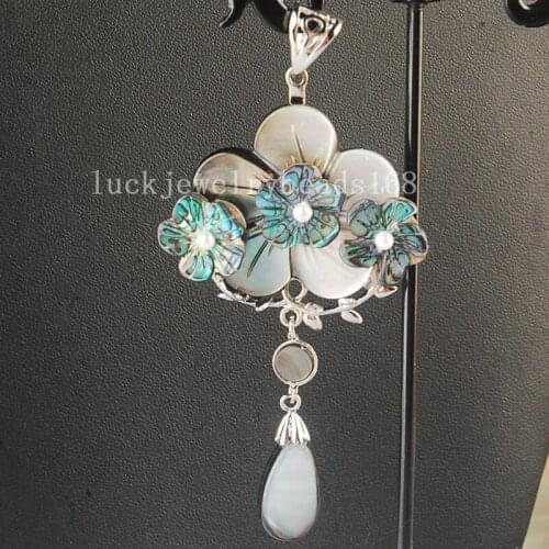 Free Shipping Women Fashion Jewelry 43x81mm Beatiful New Zealand Ablone Shell Art Flower Pendant Bead 1pcs C3647