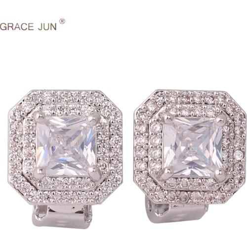 GRACE JUN Hot Sale AAA Cubic Zircon Material Square Clip on Earrings No Pierced for Women Hypo-Allergenic Ear Clip Earrings