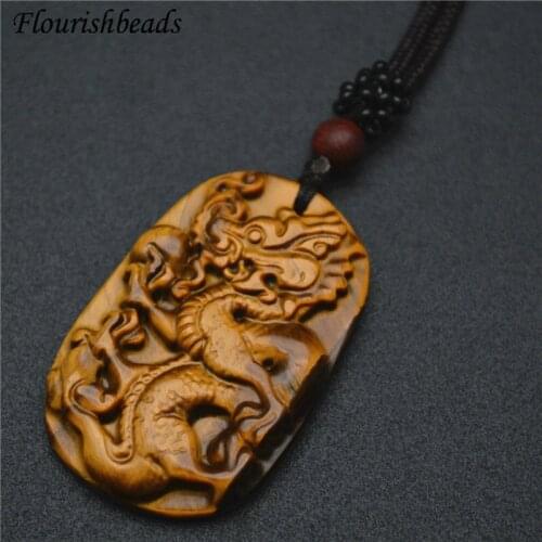 Good Quality Natural Tiger Eye Carved Chinese Dragon Shape Gemstone Pendant Rope Chain Necklace Fine Jewelry Woman Man Gift