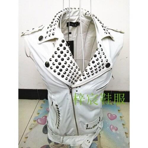 Fashion Rivet Leather Costume Slim Punk Rivet Motorcycle Clothing Leather Vest Bar Performance Mens Stage Singer Costumes