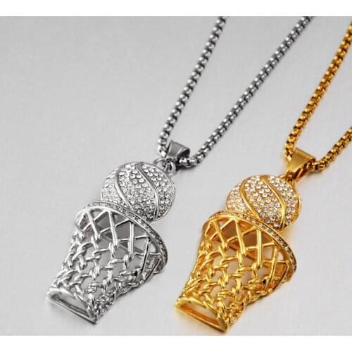 Gold exaggerated basketball mens long necklace pendant punk hip hop mens stainless steel jewelry creative gifts wholesale