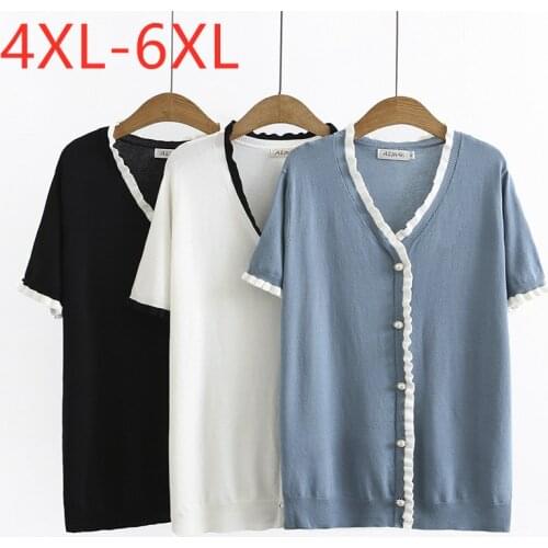 New 2021 Ladies Summer Plus Size Knit Tops For Women Large Short Sleeve Slim Elastic Blue Button V-neck T-shirt 4XL 5XL 6XL