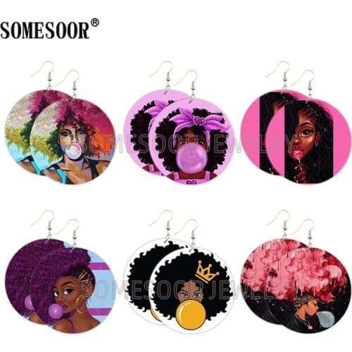 SOMESOOR Pink Bubble Gum Girls Wooden Drop Earrings Black Queen Afro Natural Hair Sisters Designs Printed For Women Gifts 6Pairs