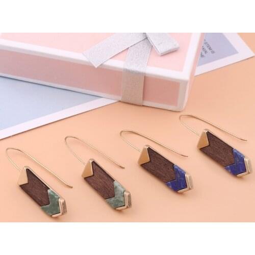 Minar Unique Design Geometrical Natural Wood Hook Earrings Foe Women Fashion Splicing Dangle Earrings Gifts Jewellery