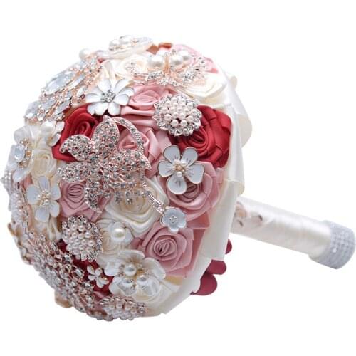 Silk Wedding Flowers Rhinestone Jewelry Blush Pink Brooch Bouquet Gold Broach Bridal Wedding Dress Wedding Bouquet
