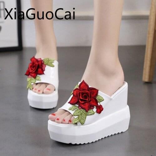 Summer Ladies Slippers Super High Heel Platform Women Wedge Slippers Embroidered Sexy Non-slip Female Slippers Shoes Wholesale