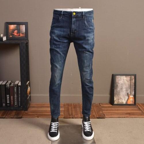 Blue Jeans Men Fashion Scratched Slim Fit Stretch Denim Streetwear Pencil Pants