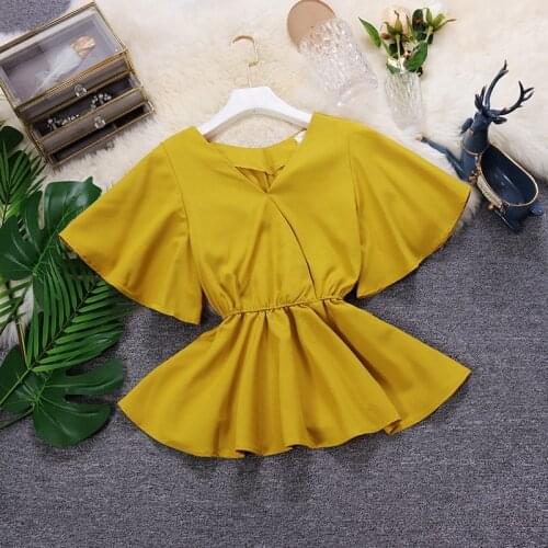 Street Chic Women Ruffled Chiffon Blouse Summer Flare Sleeves Slim Waist V-neck Shirt Top