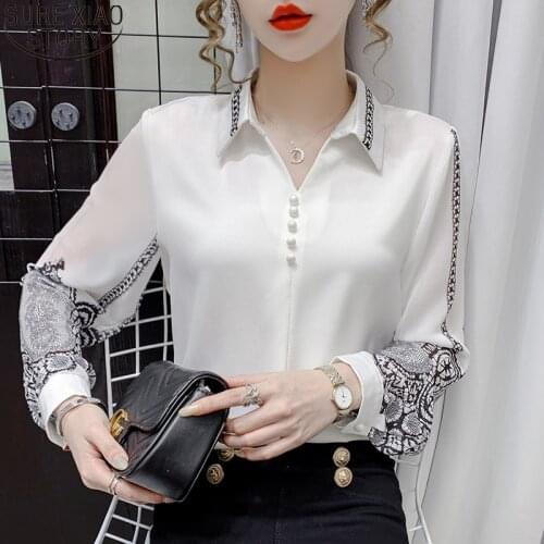 Elegant Fashion Office Lady Shirt 2021 New Spring Long Sleeve Print Shirt V-neck Womens Pullover Autumn Clothes Tops 16107