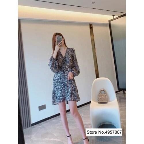 Ladies 2021 Spring Summer V-neck Pleated Floral Printed Floral Mini Dress