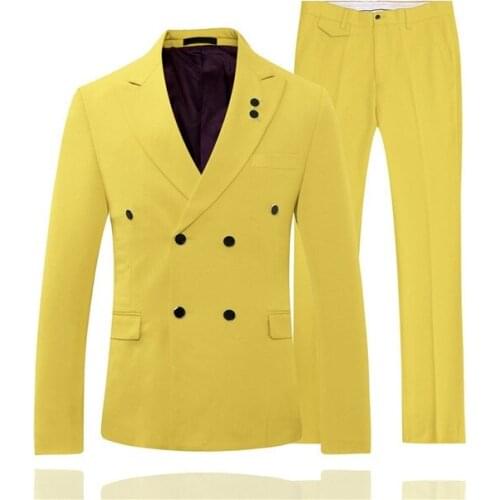 2020 Yellow Suit Mens Wedding Suits Custom Made Slim Fit Business Suit Men Prom Party Groom Tuxedos 2 Piece Set (Jacket+Pants)