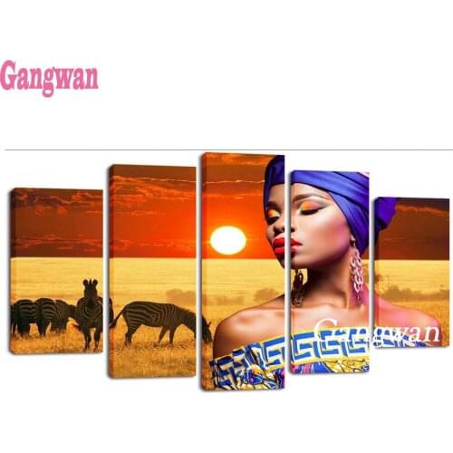 Diamond Painting Full Square/Round African Grassland zebra Drill Daimond Embroidery Painting beauty woman Cross Stitch 5 pcs set