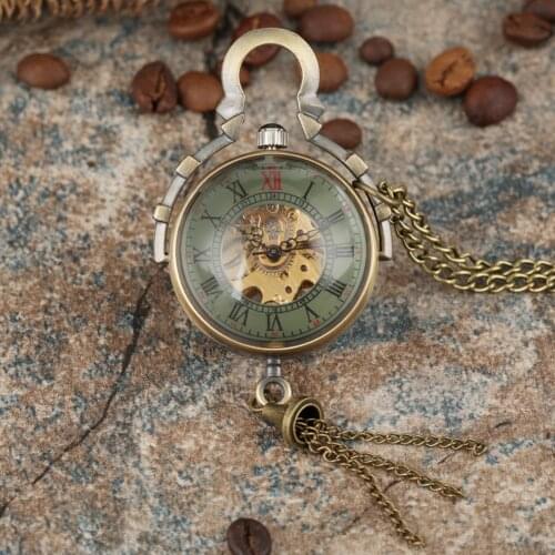 Classic Hollow-out Transparent Glass Ball Hand-winding Pocket Watches Alloy Slim Chain Pendant Watch for Men Women
