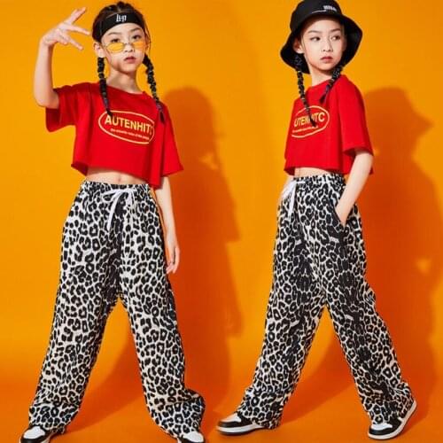 Kids Concert Hip Hop Clothing Red Crop Tops T Shirt Streetwear Leopard Pants For Girls Boys Performance Dance Costume Clothes
