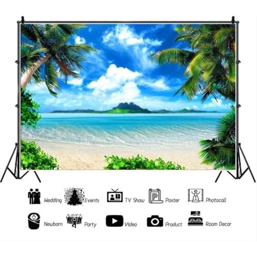 Summer Seascape Coconut Trees Beach Waves Blue Sky White Clouds Background Children Room Decoration Photography Studio Backdrop