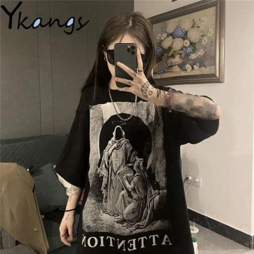 Gothic Printing Basic Black T-shirt Female Punk Aesthetic Hip Hop Korean Fashion Streetwear Tees Summer 2021 Clothes Women Tops