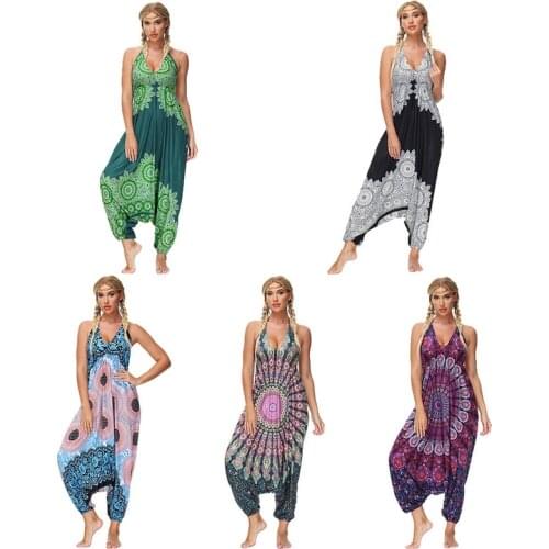 Helisopus Tie-dye Bohemian Sling Jumpsuit Sleeveless Backless Tie Low Crotch Jumpsuit Harem Pants Casual Hippie Womens Clothing